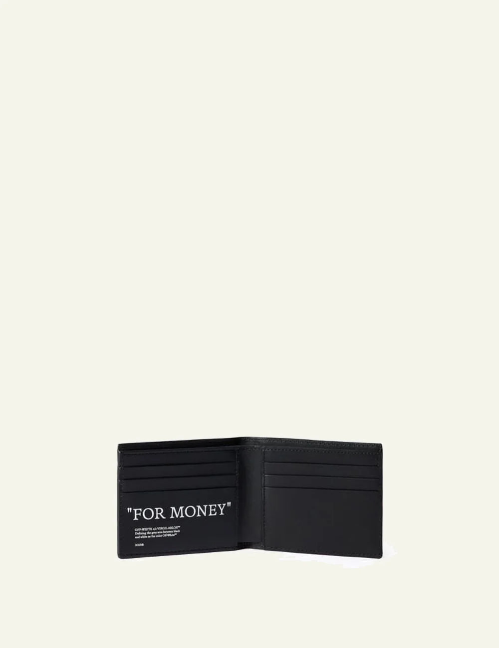 Off-White black leather bifold wallet with For Money print side view