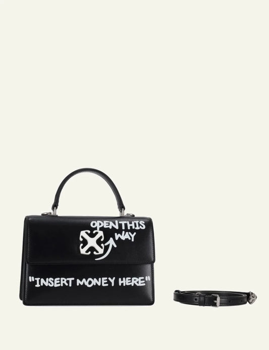 Off-White black leather top handle bag with Insert Money Here print front view