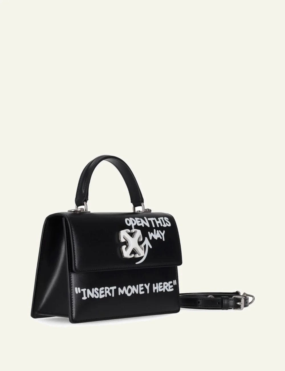 Off-White black leather top handle bag with Insert Money Here print profil view