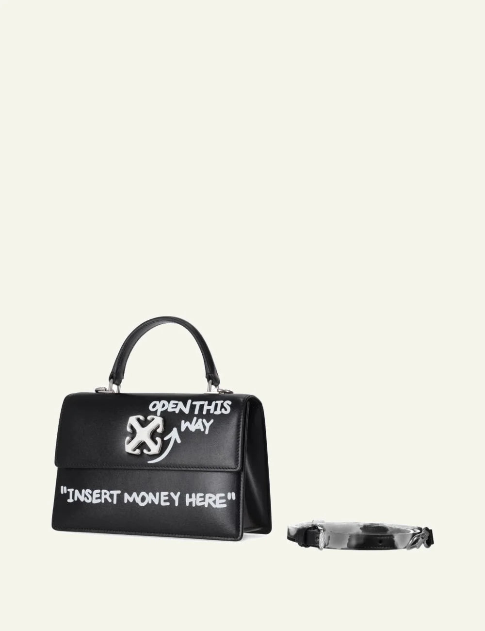 Off-White black leather top handle bag with Insert Money Here print side view