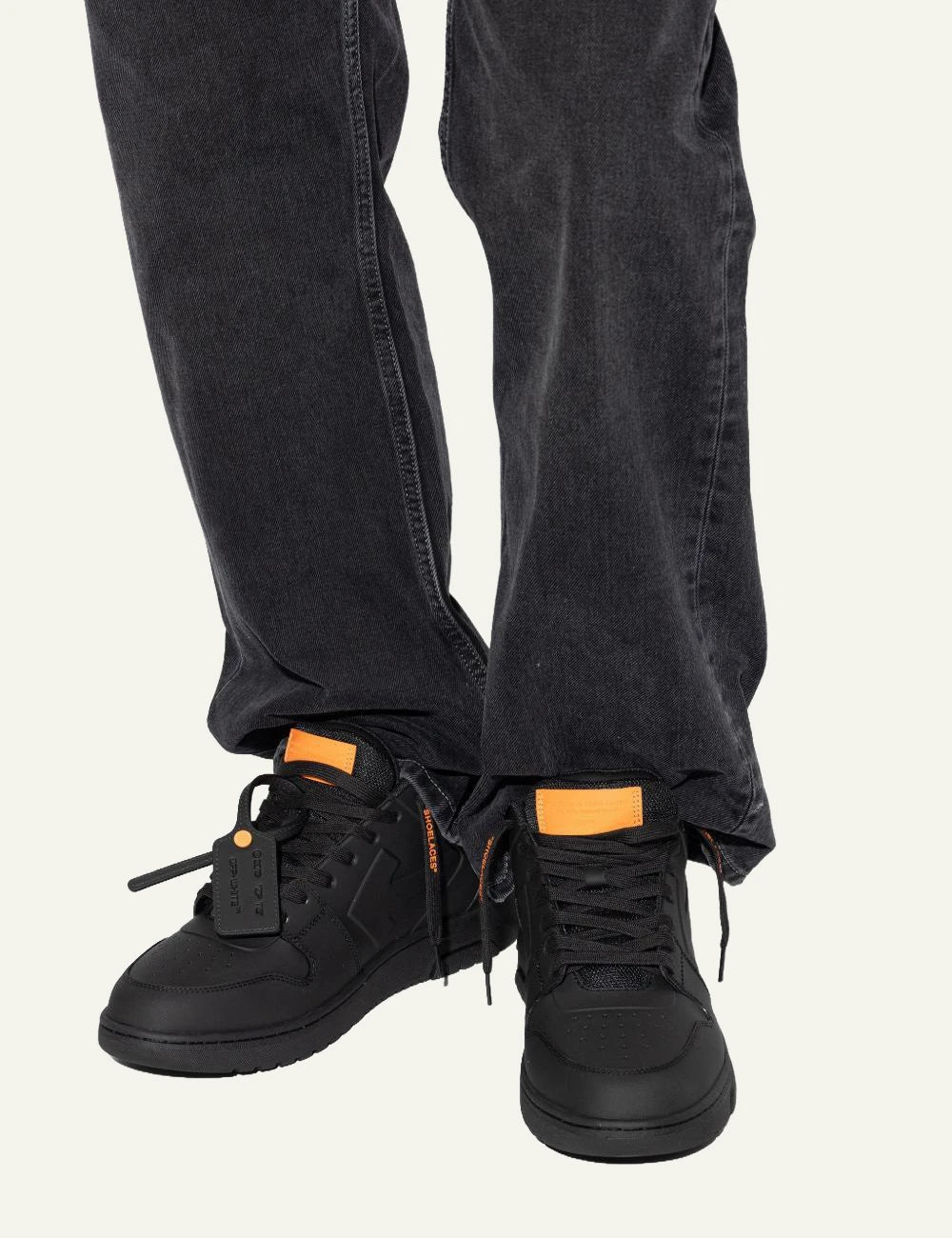 Off-White black leather sneakers front view orange tag detail