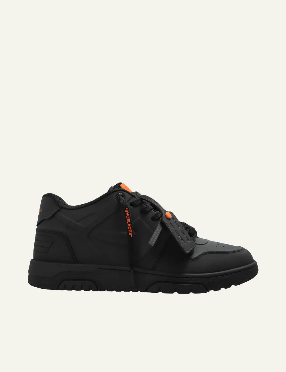 Off-White black leather sneakers side view orange tag detail