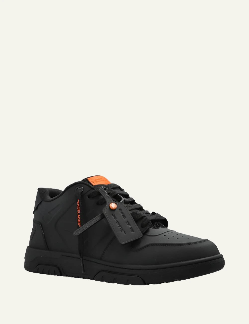Off-White black leather sneakers side view orange tag detail2
