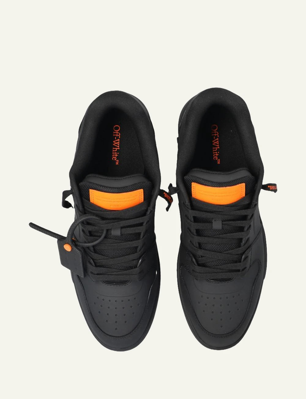 Off-White black leather sneakers top view orange tag detail