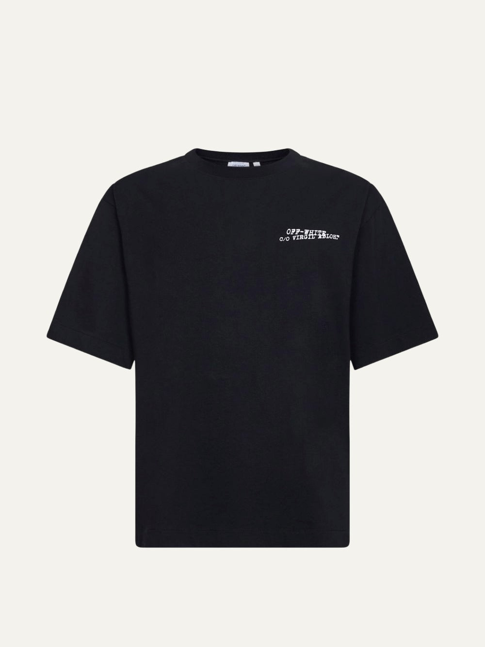 off white t-shirt black small chest logo worn front model view