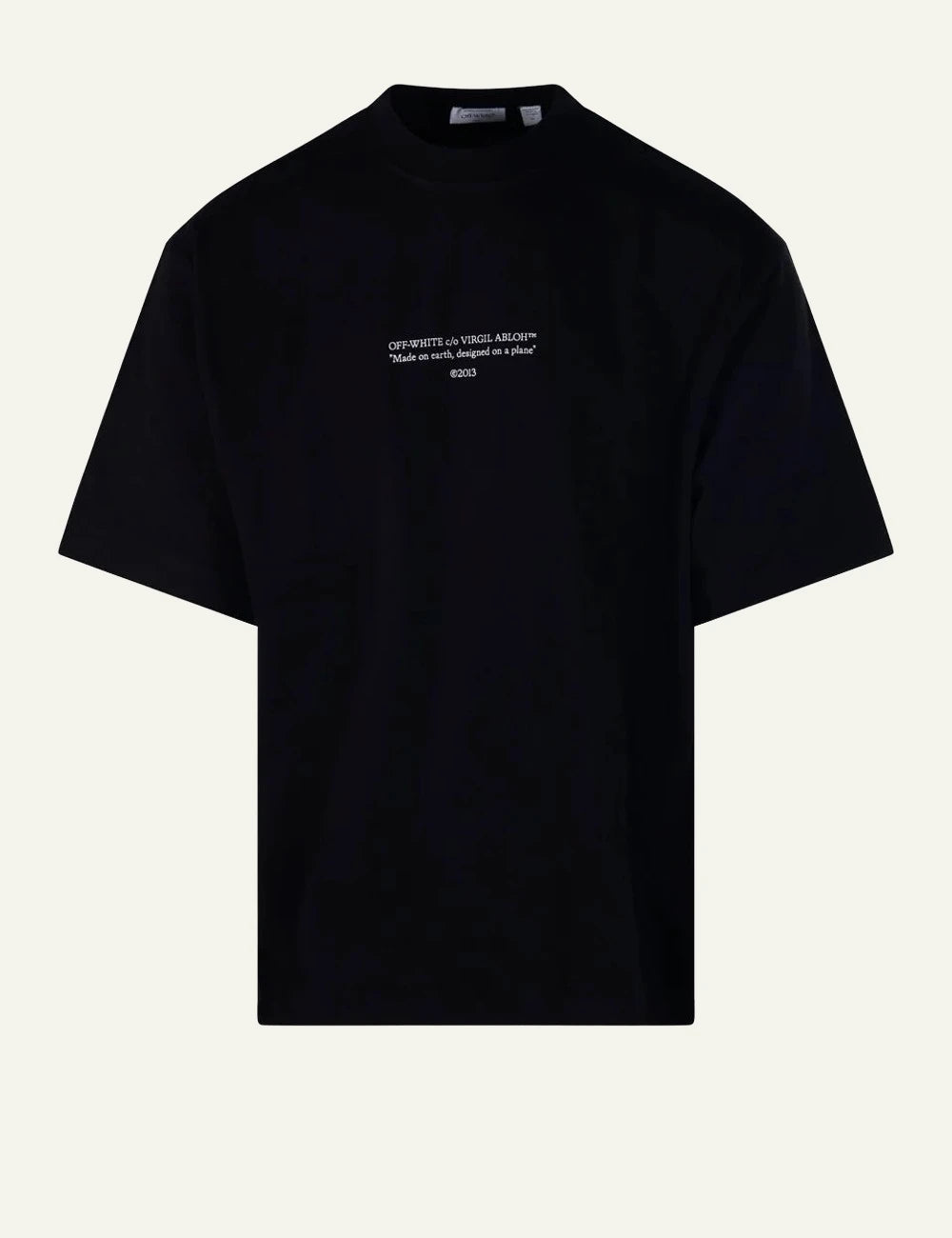 off white t-shirt black text logo chest front flat view