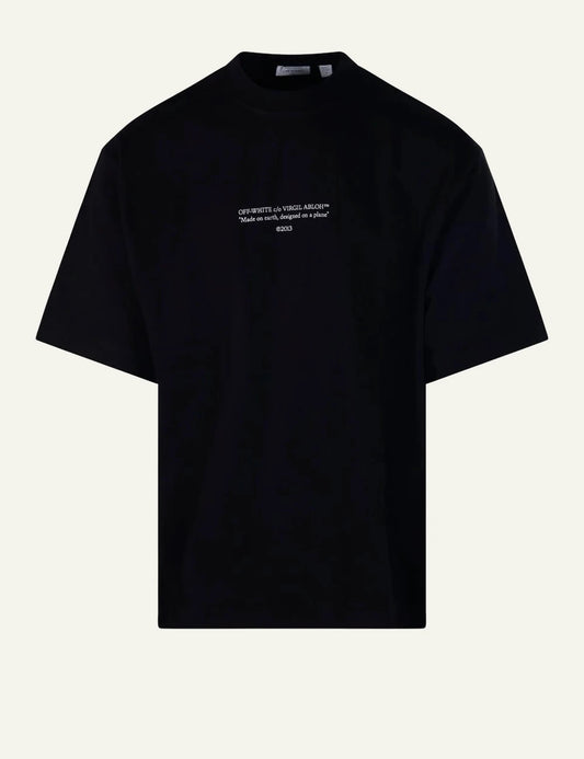 off white t-shirt black text logo chest front flat view