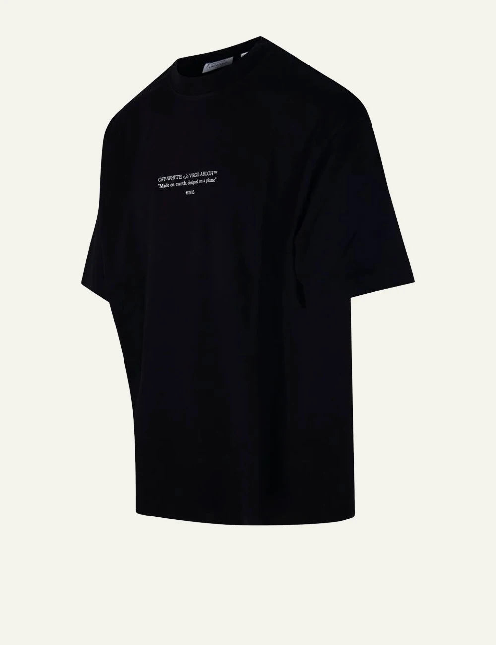 off white t-shirt black text logo chest side  view