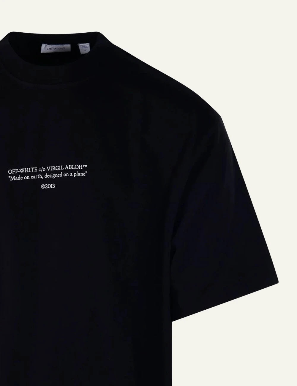 off white t-shirt black text logo chest detail log view