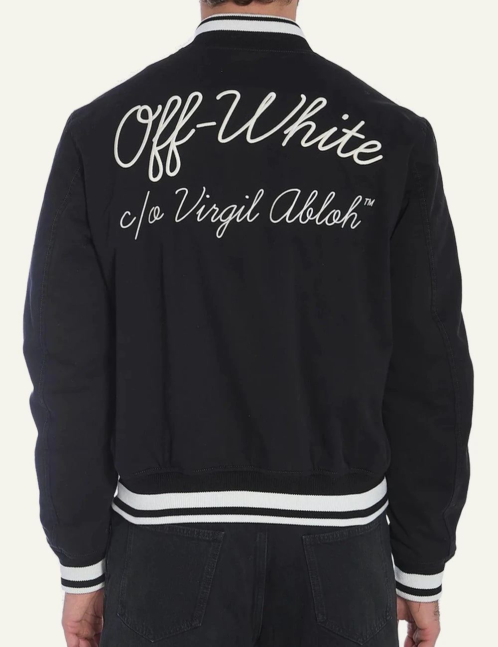 off white varsity jacket black striped rib collar snap buttons back model view