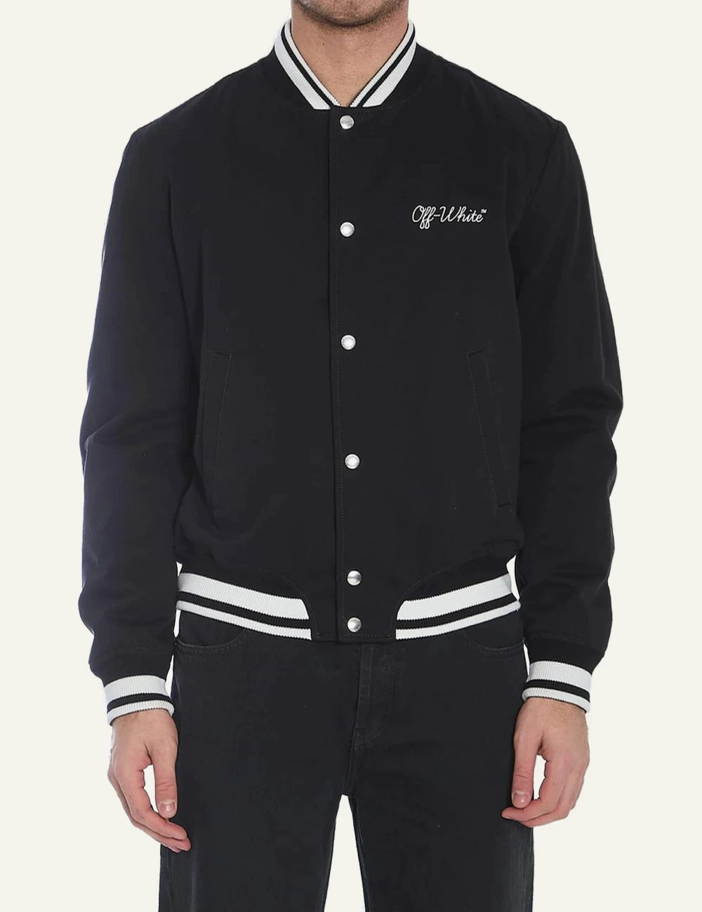 off white varsity jacket black striped rib collar snap buttons front model view