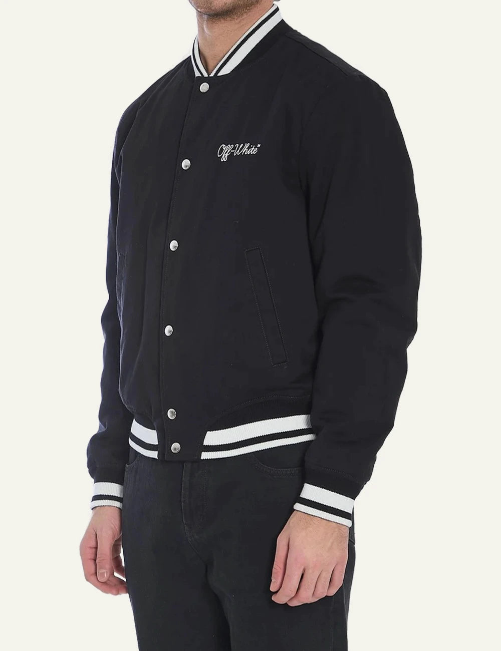 off white varsity jacket black striped rib collar snap buttons side model view
