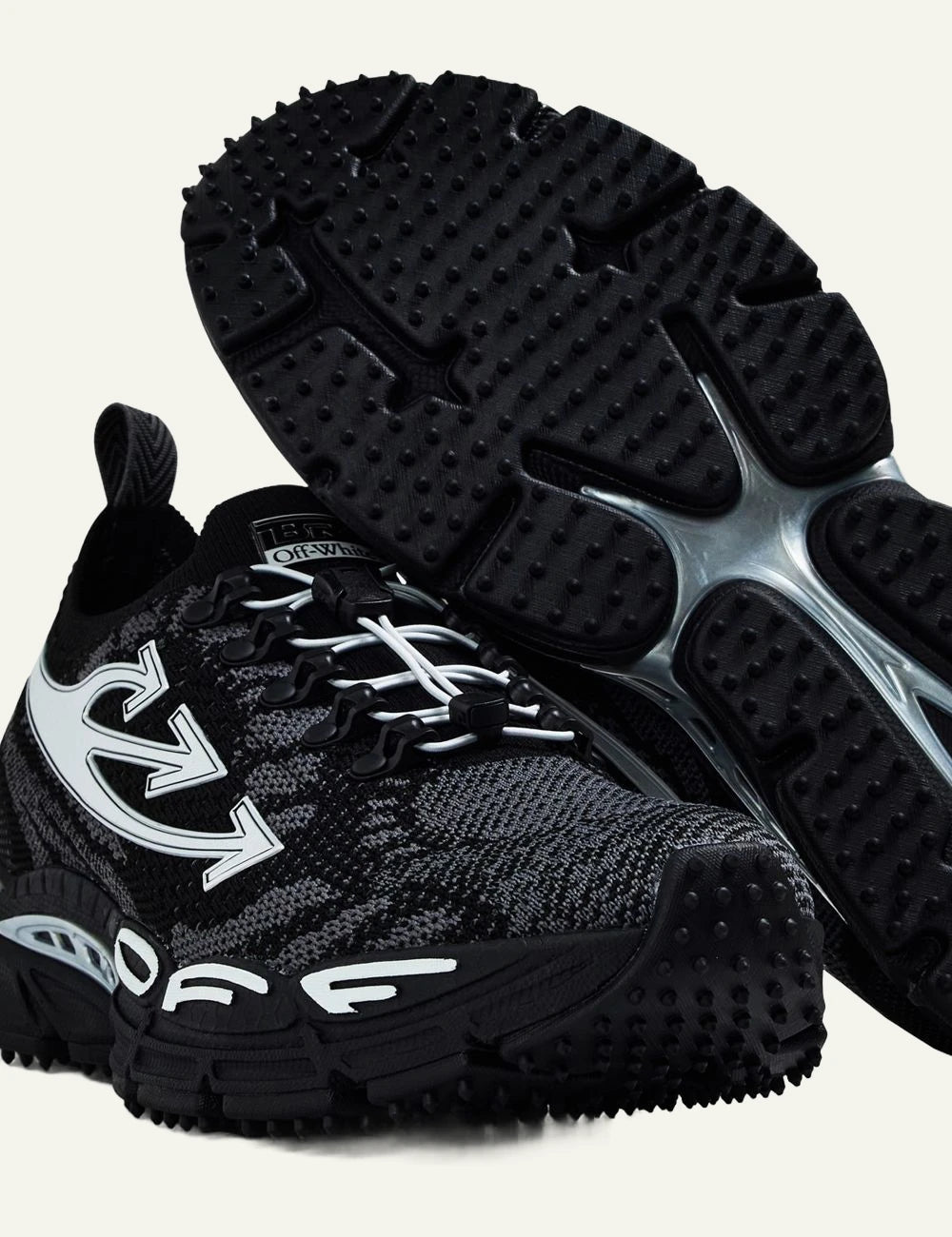 Off-White BRB knit sneakers black grey mesh arrows detail angled view