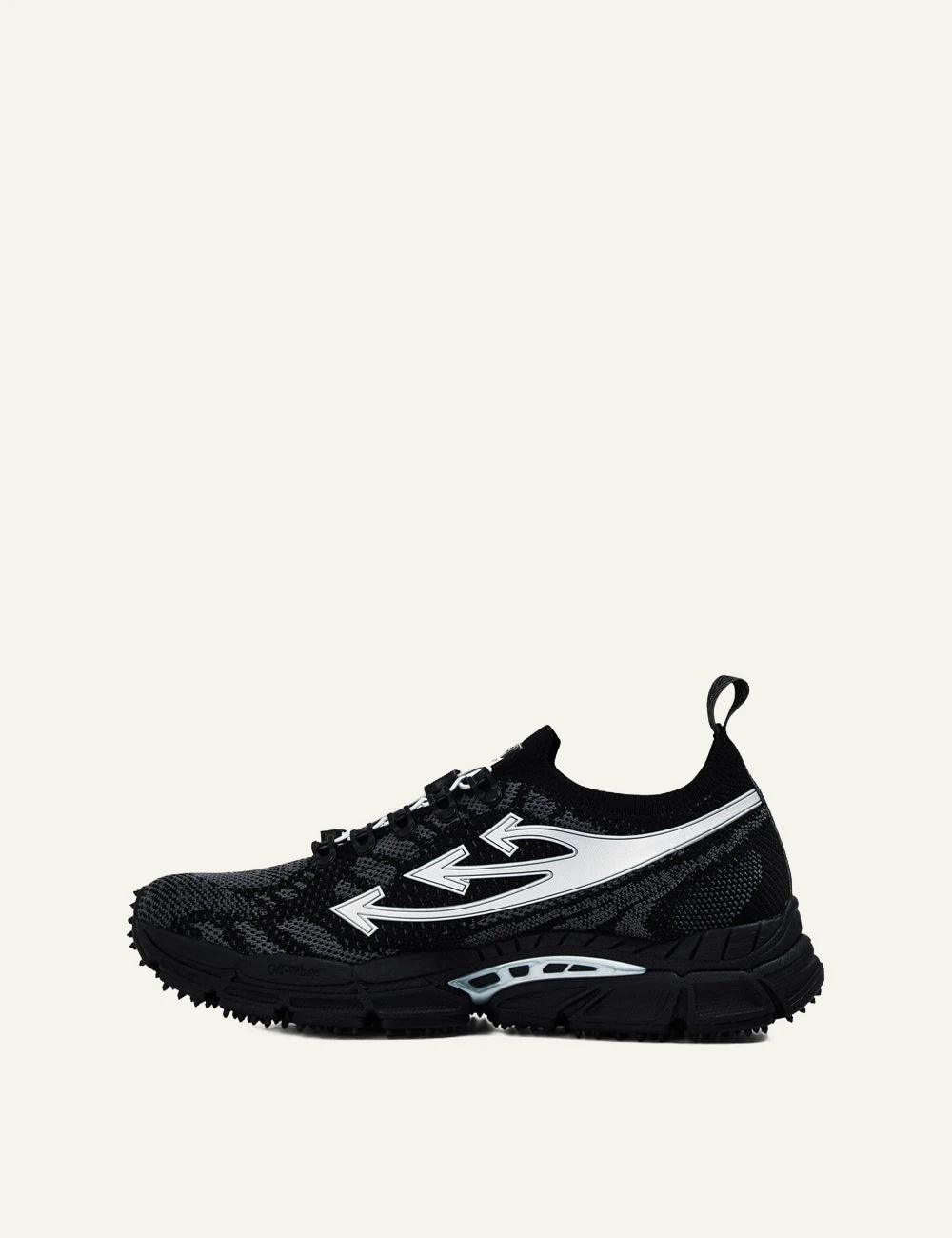 Off-White BRB knit sneakers black grey mesh arrows detail profile view
