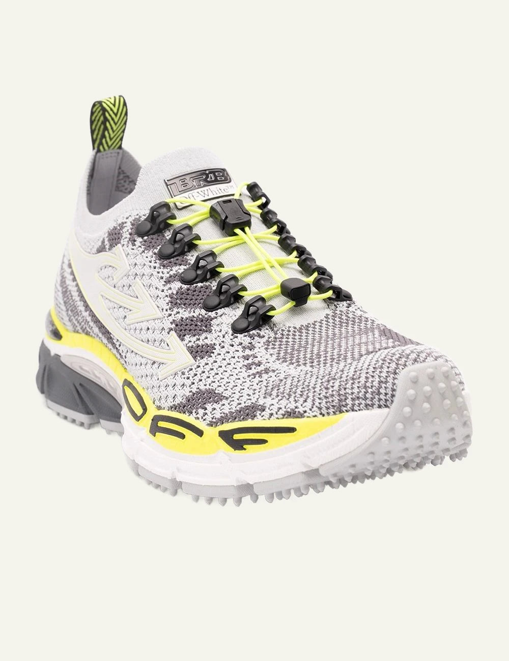 Off White BRB knit sneakers grey neon yellow low top angled view