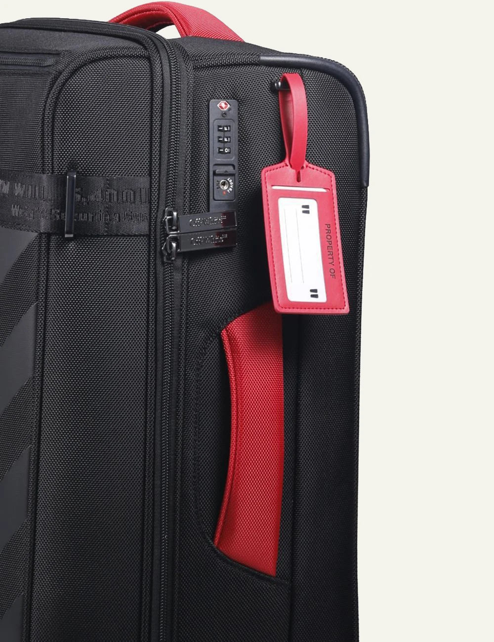 Off-White diag cabin trolley black red trim side detail view stripes detail