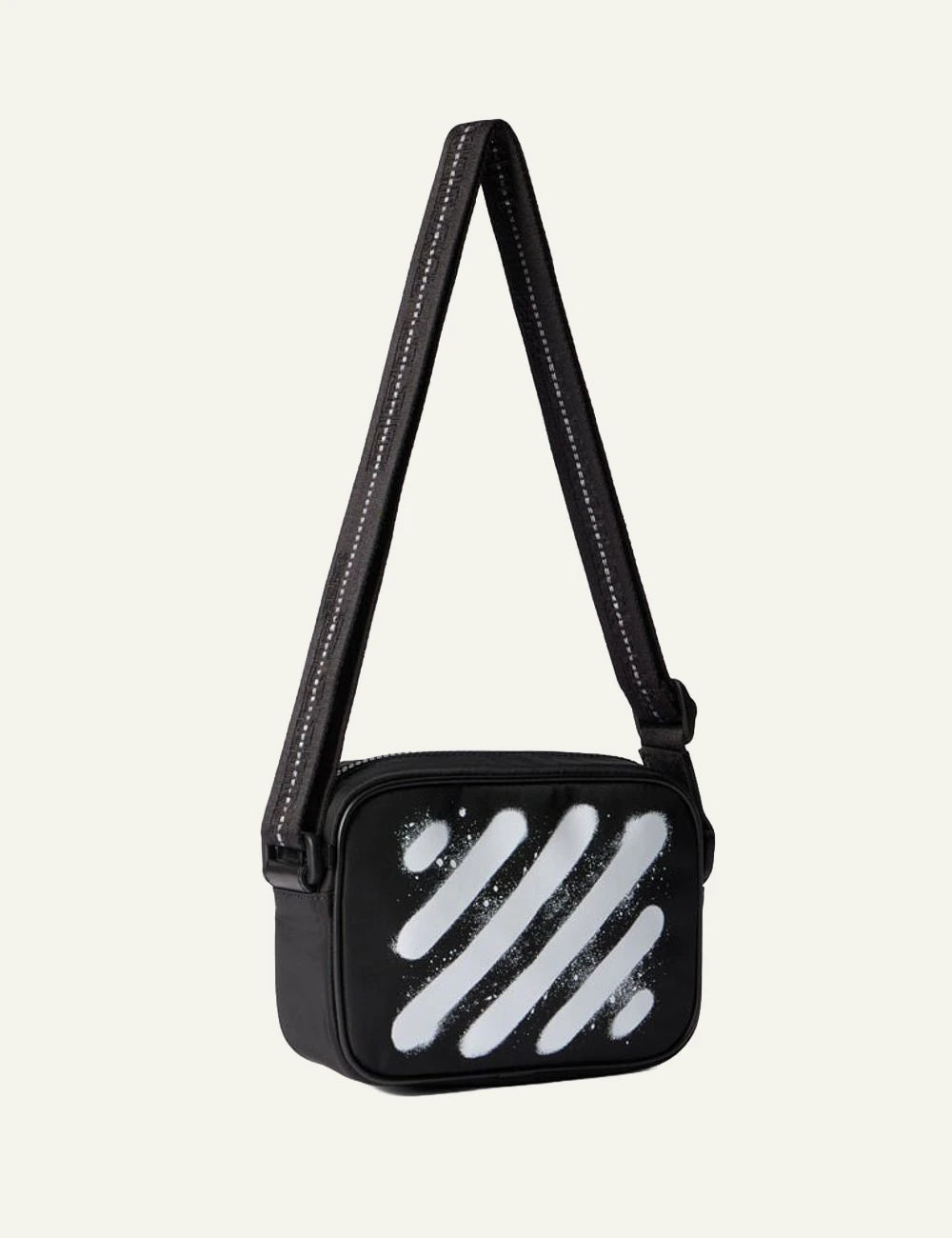 Off-White Diag Spray Camera Bag black leather me white diagonal spray stripes angled view