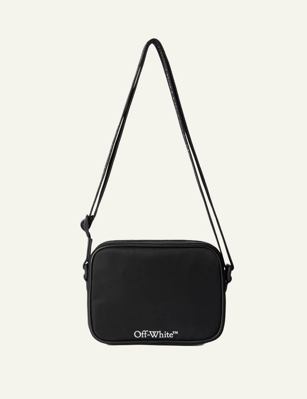 Off-White Diag Spray Camera Bag black leather me white diagonal spray stripes back view