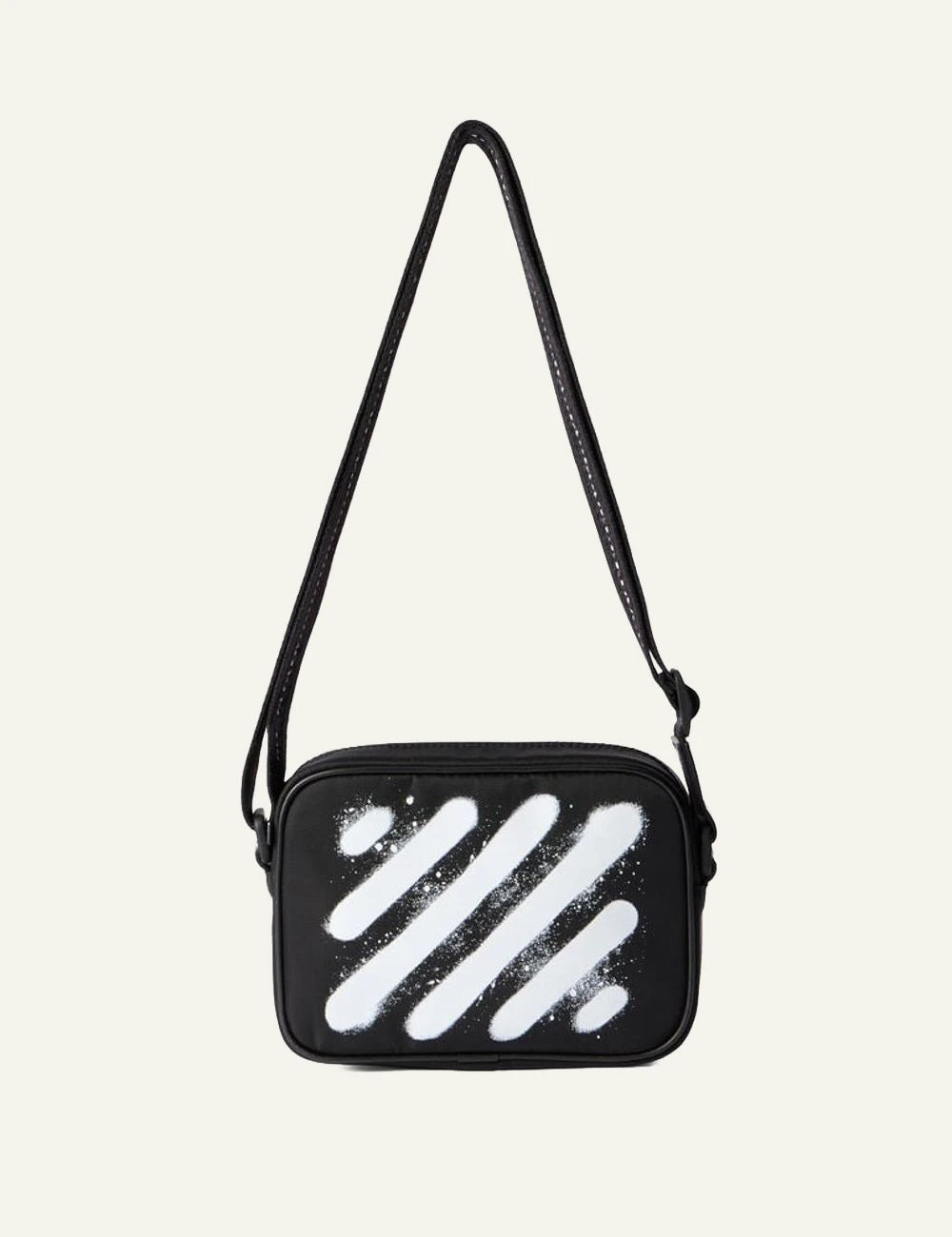Off-White Diag Spray Camera Bag black leather me white diagonal spray stripes front view