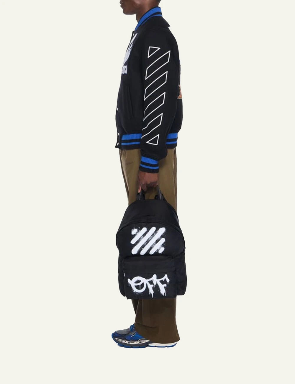 Off-White Diagonal Spray Backpack black leather me white spray stripes front model view