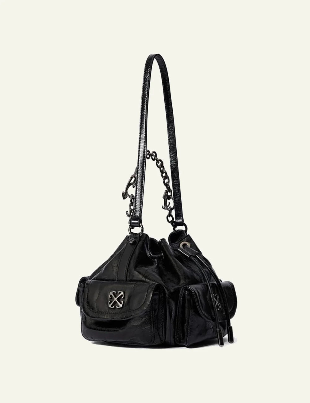 Off-White Dumbo B bucket bag leather black gold chain arrow logo side view