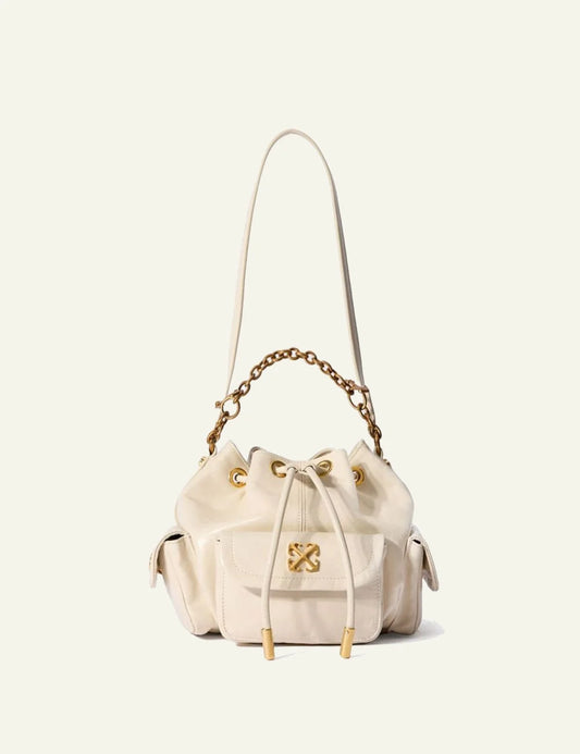 Off-White Dumbo B bucket bag leather black gold chain arrow logo front view