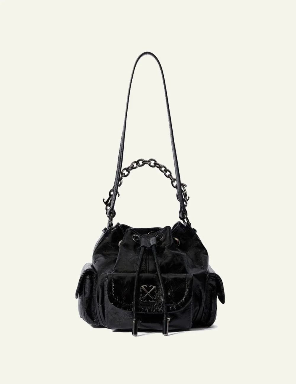 Off-White Dumbo B bucket bag leather black gold chain arrow logo front view