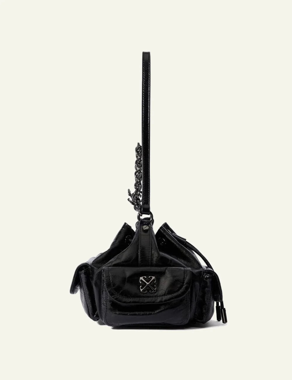 Off-White Dumbo B bucket bag leather black gold chain arrow logo side view