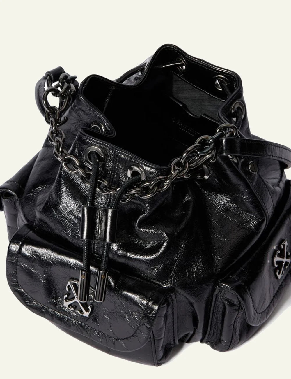 Off-White Dumbo B bucket bag leather black gold chain arrow logo top view