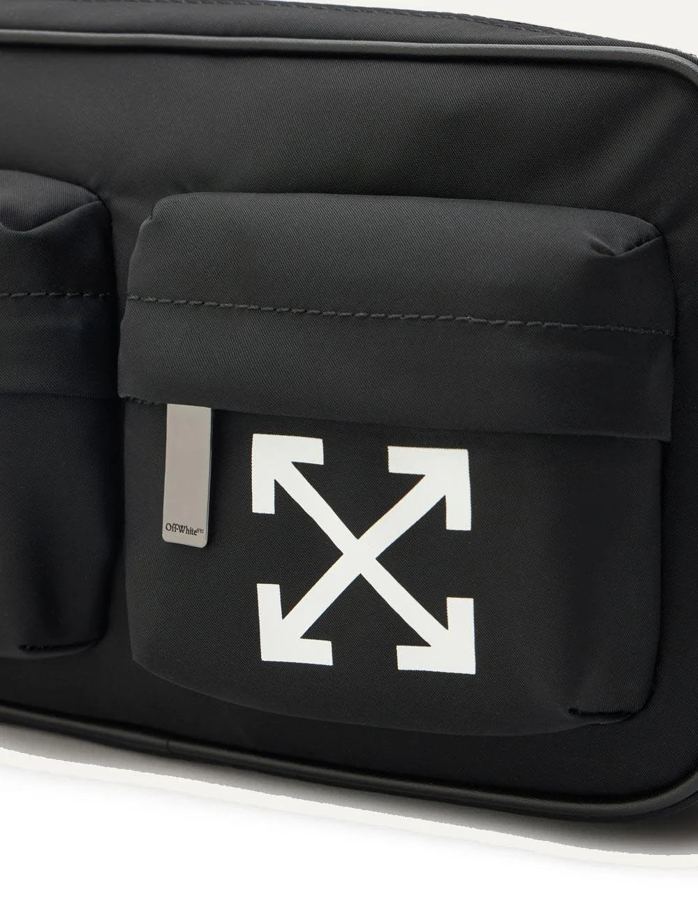 Off-White full arrow belt bag black pockets detail front detail view