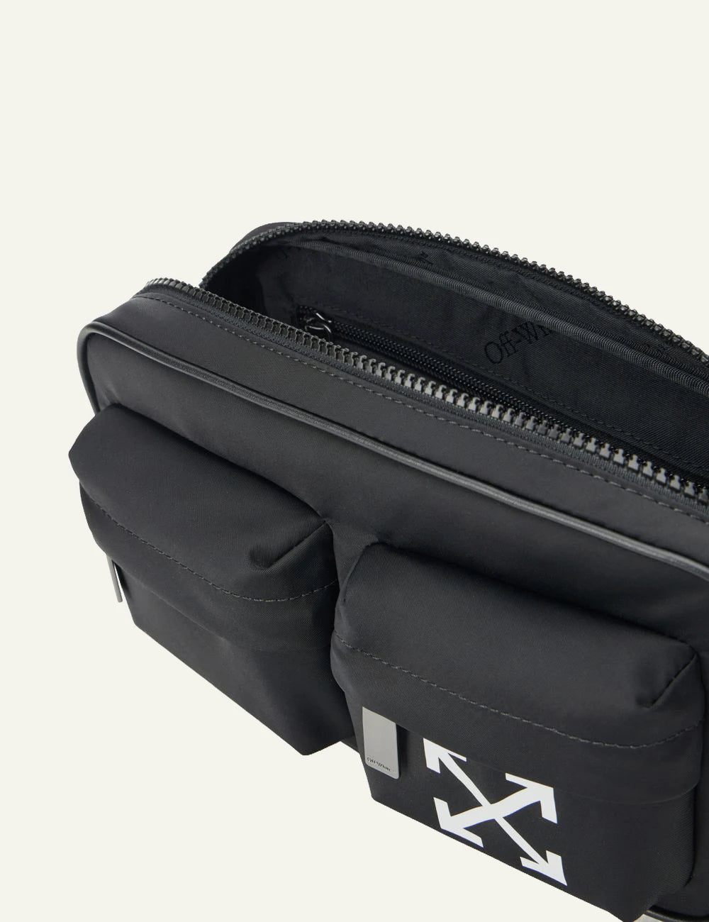 Off-White full arrow belt bag black pockets detail top view