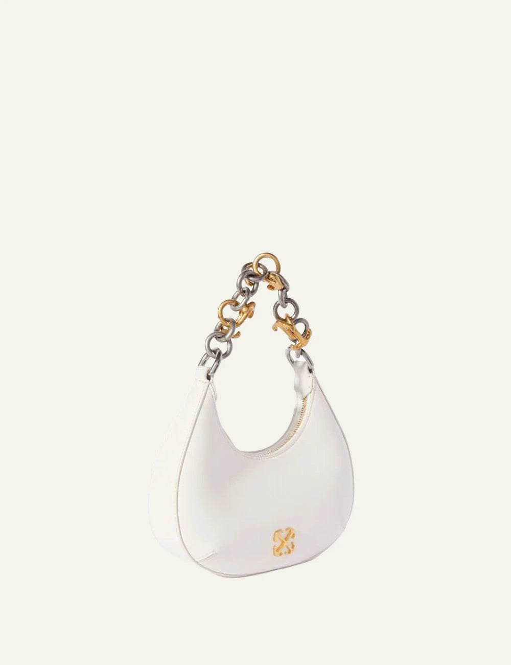 Off-White Hemisphere shoulder bag leather arrow logo gold silver chain angled view