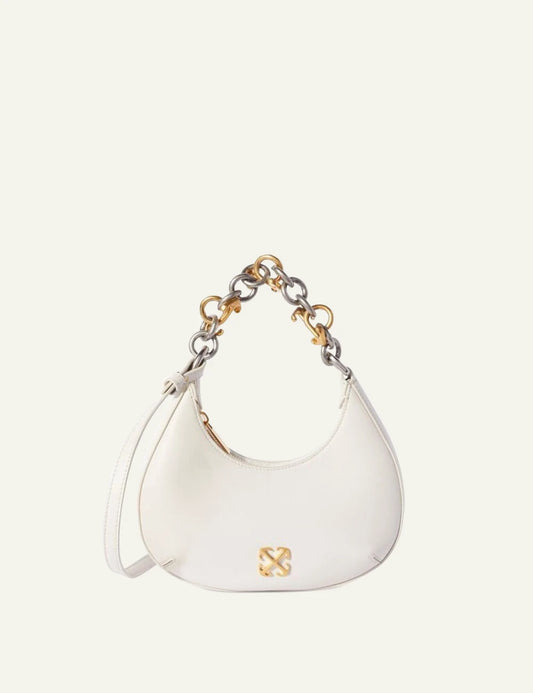 Off-White Hemisphere shoulder bag leather arrow logo gold silver chain front view