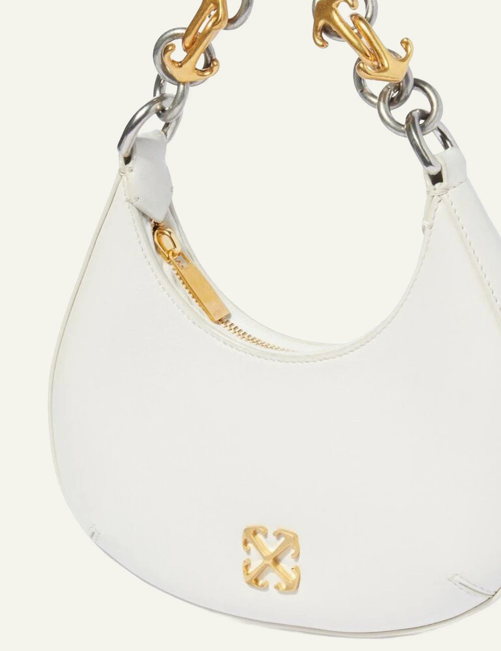 Off-White Hemisphere shoulder bag leather arrow logo gold silver chain front logo view