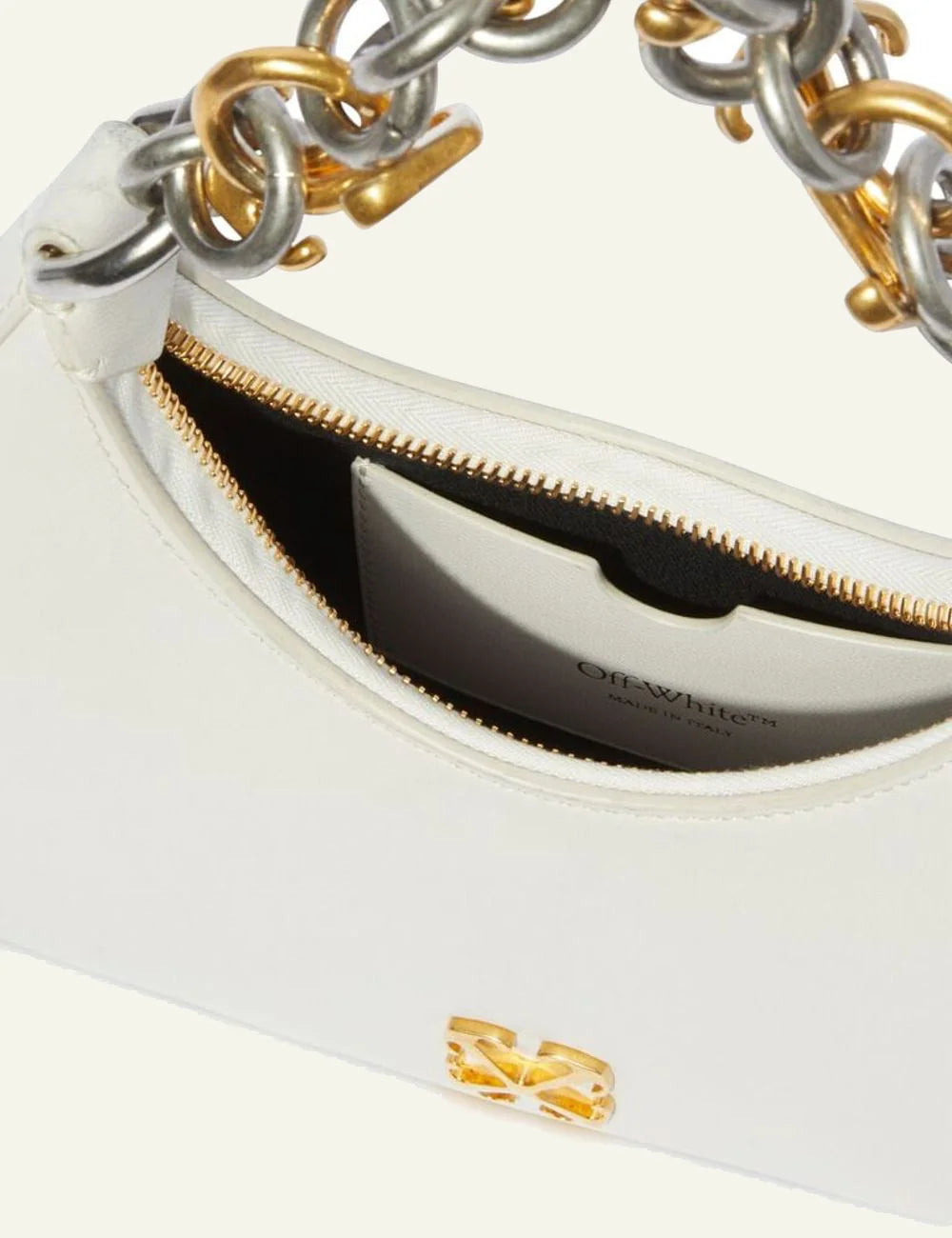 Off-White Hemisphere shoulder bag leather arrow logo gold silver chain top view