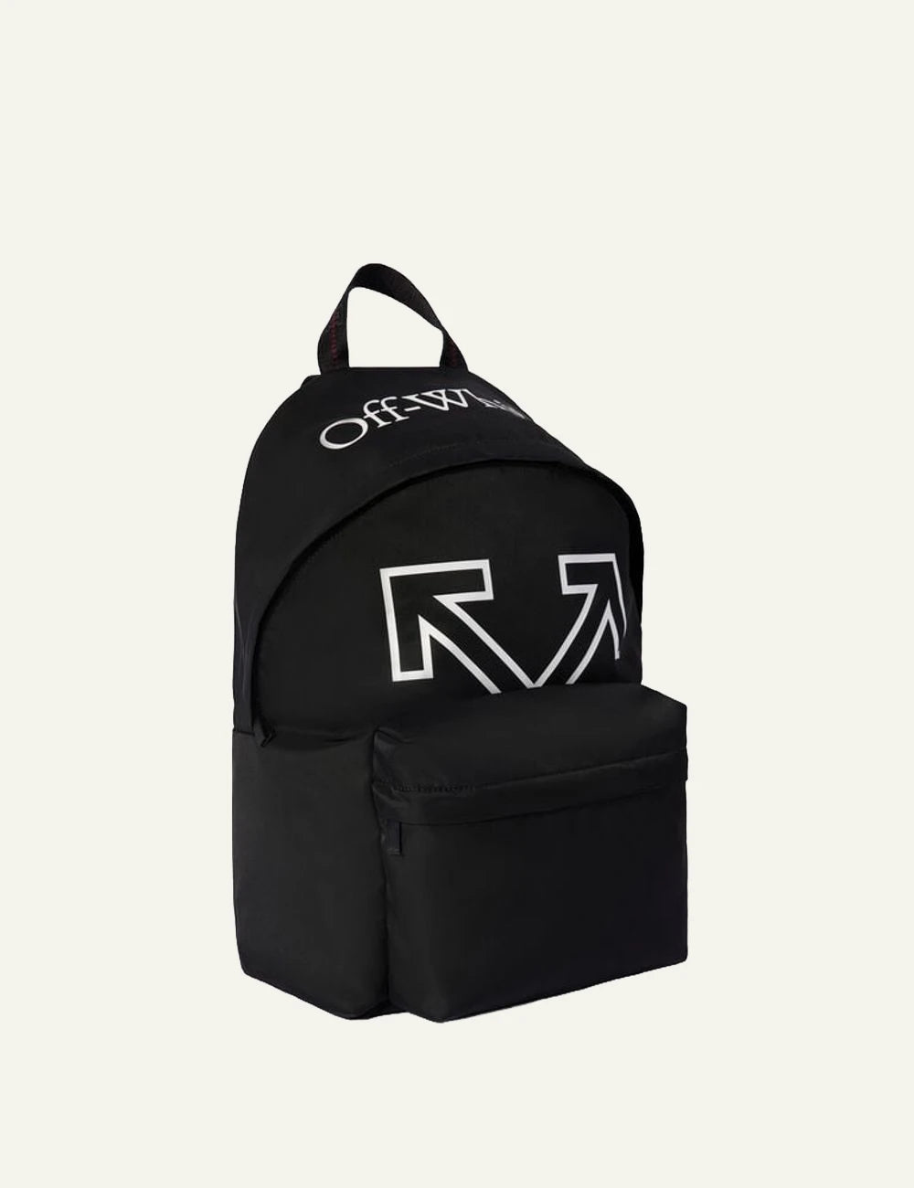 Off-White Heritage Backpack black leather nylon arrow logo angled view