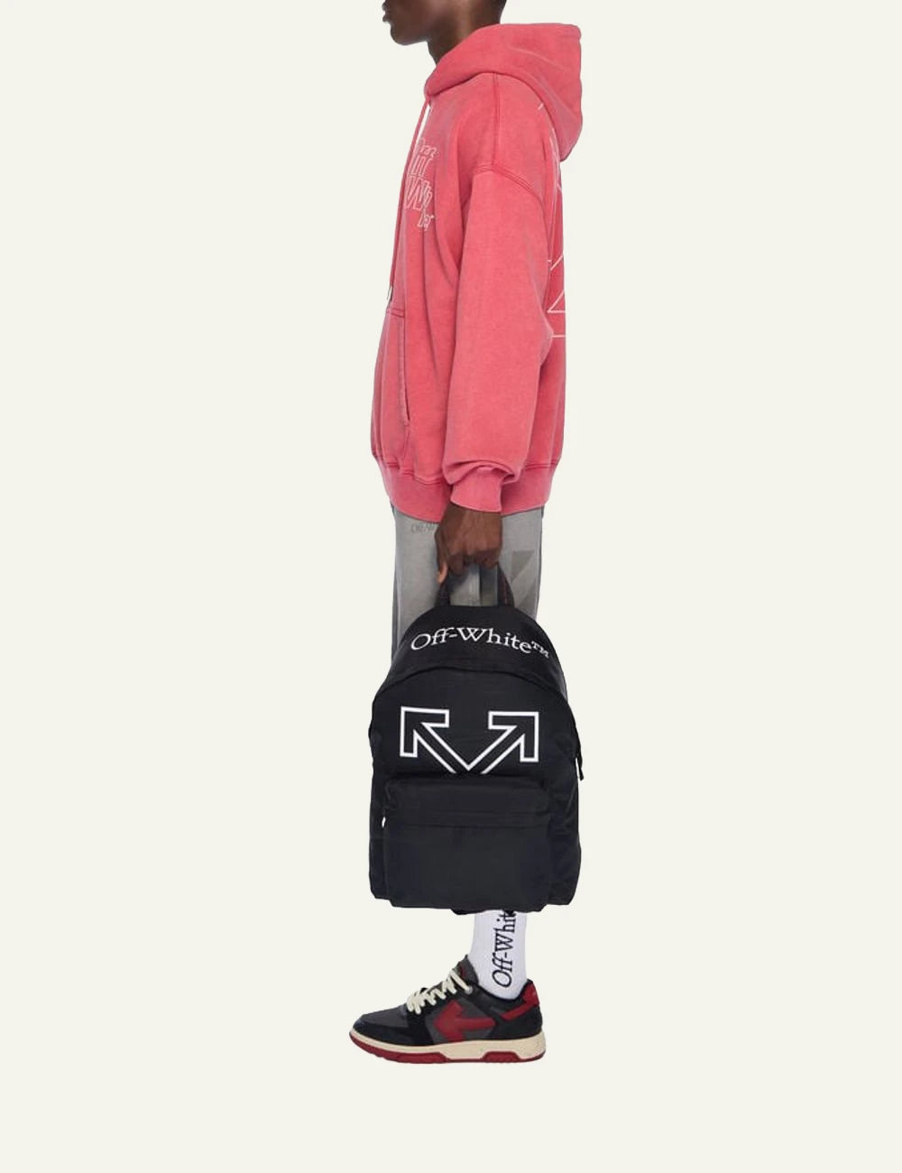 Off-White Heritage Backpack black leather nylon arrow logo front model view