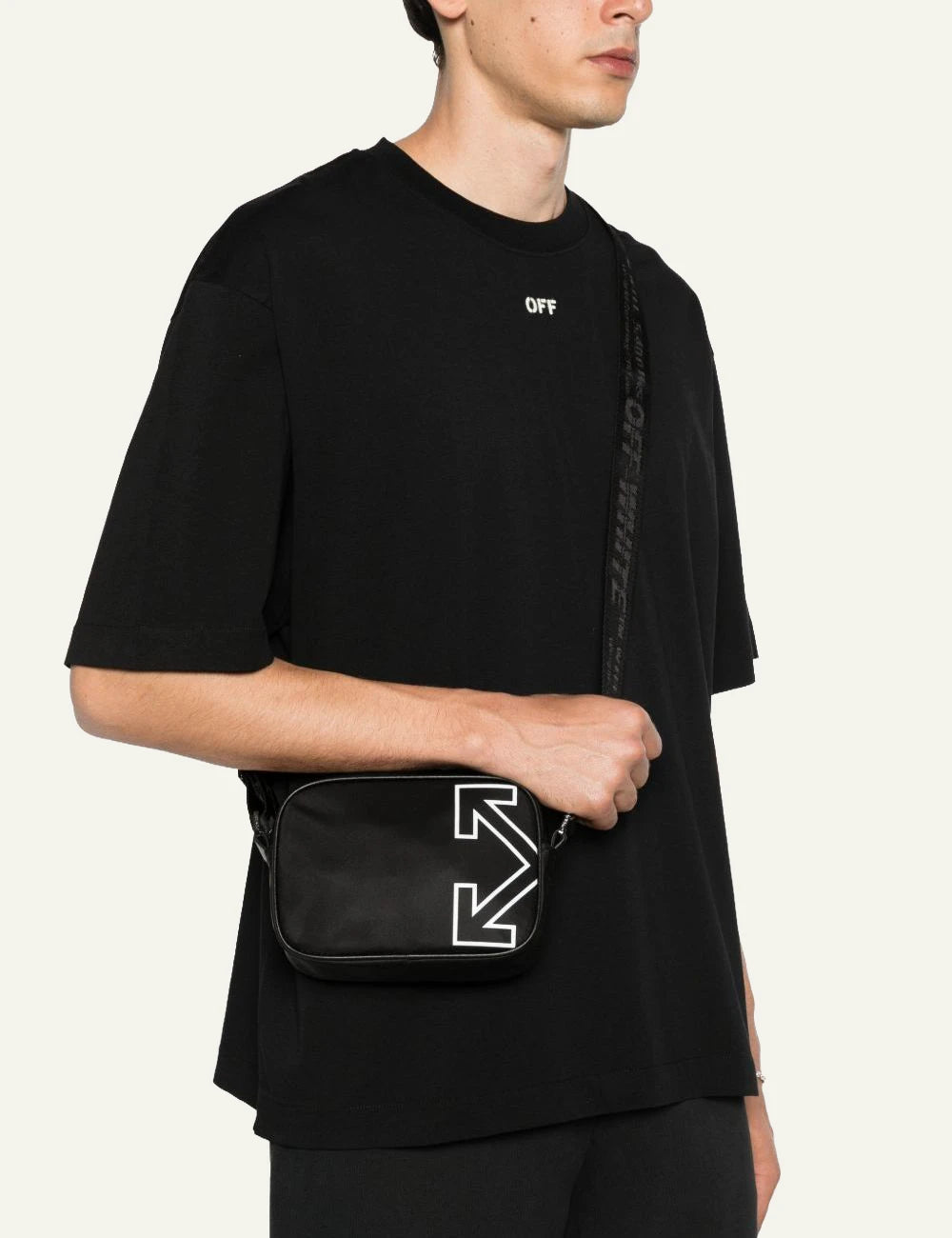 Off-White Heritage camera bag black white front model view