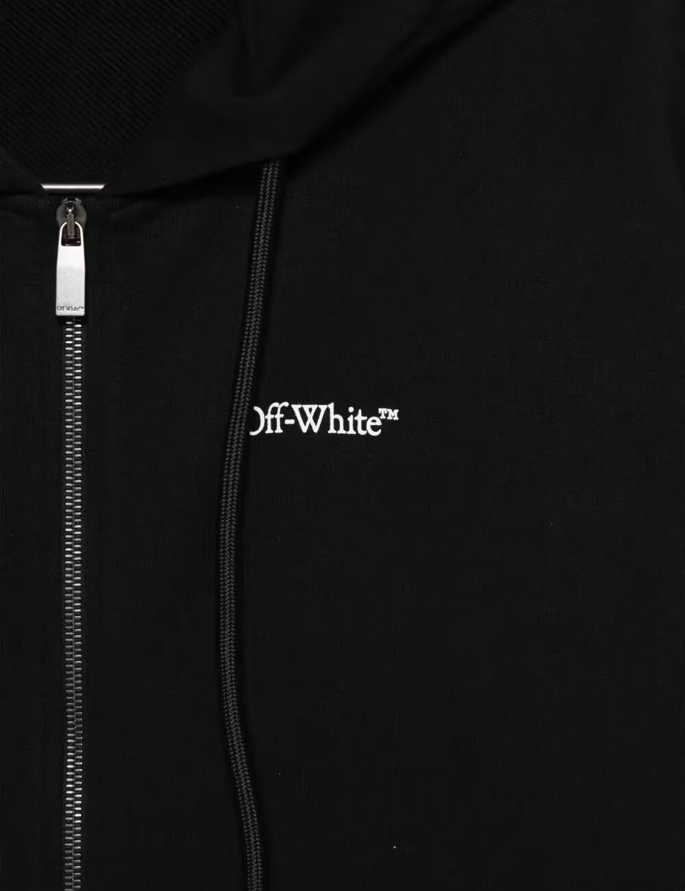 Off White hoodie black zip front logo front detail view