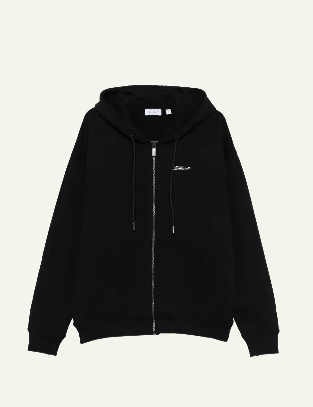 Off White hoodie black zip front logo front flat view