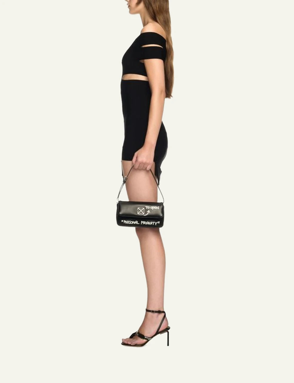 Off-White Jitney bag black leather arrow logo quotes shoulder bag  side model view