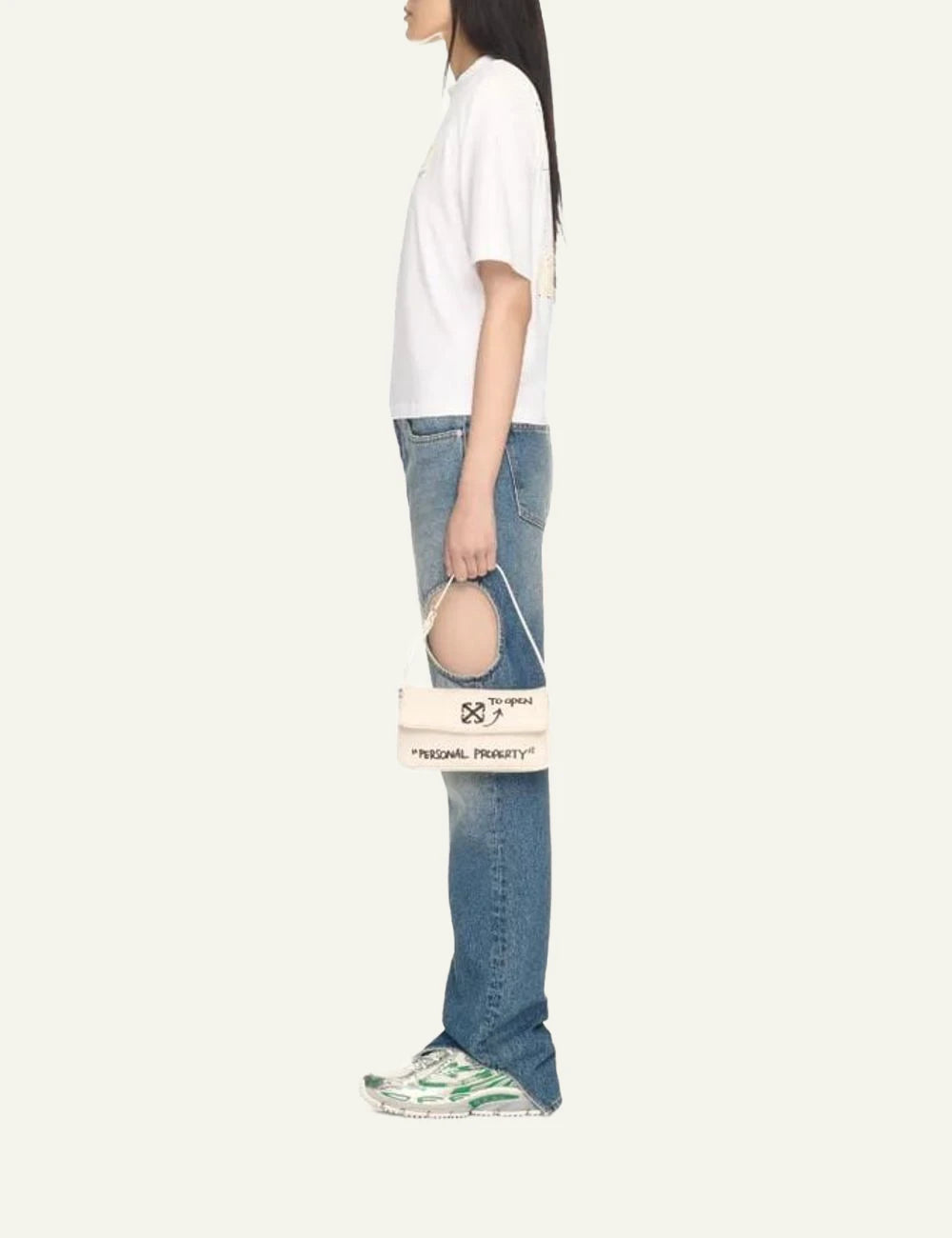 Off-White Jitney bag cream leather arrow logo quotes shoulder bag model view