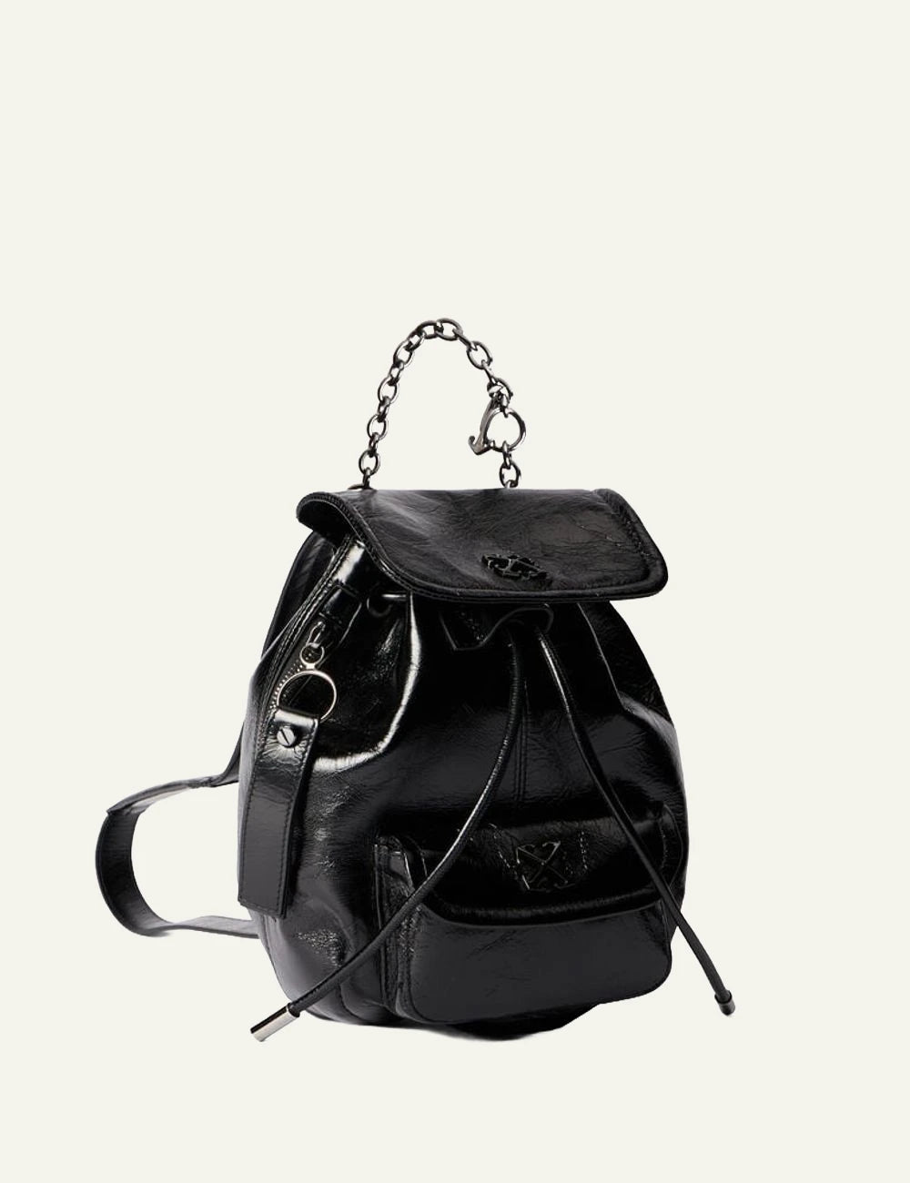Off-White leather backpack black glossy chain strap flap logo angled view