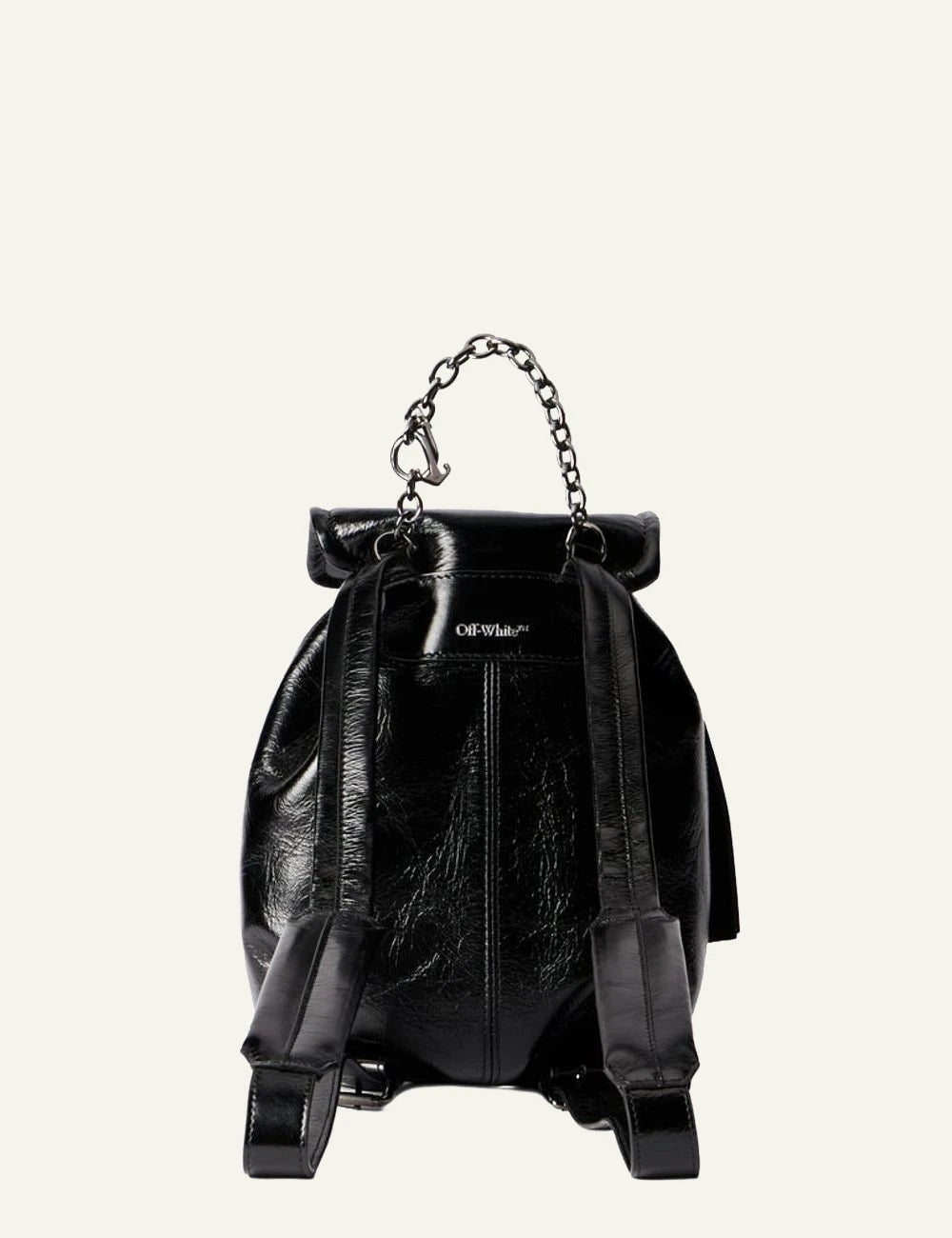 Off-White leather backpack black glossy chain strap flap logo back view