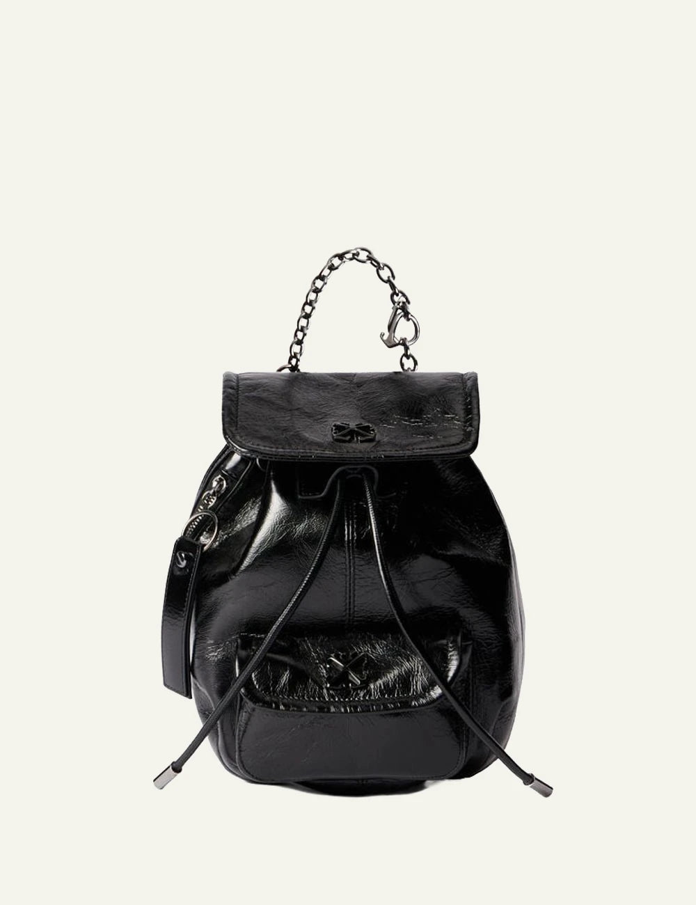 Off-White leather backpack black glossy chain strap flap logo front view