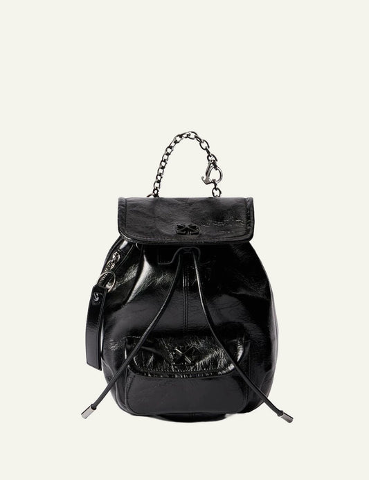 Off-White leather backpack black glossy chain strap flap logo front view