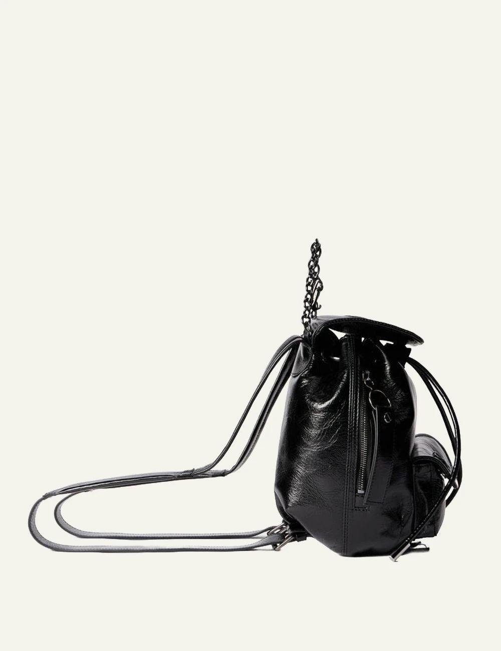 Off-White leather backpack black glossy chain strap flap logo side view