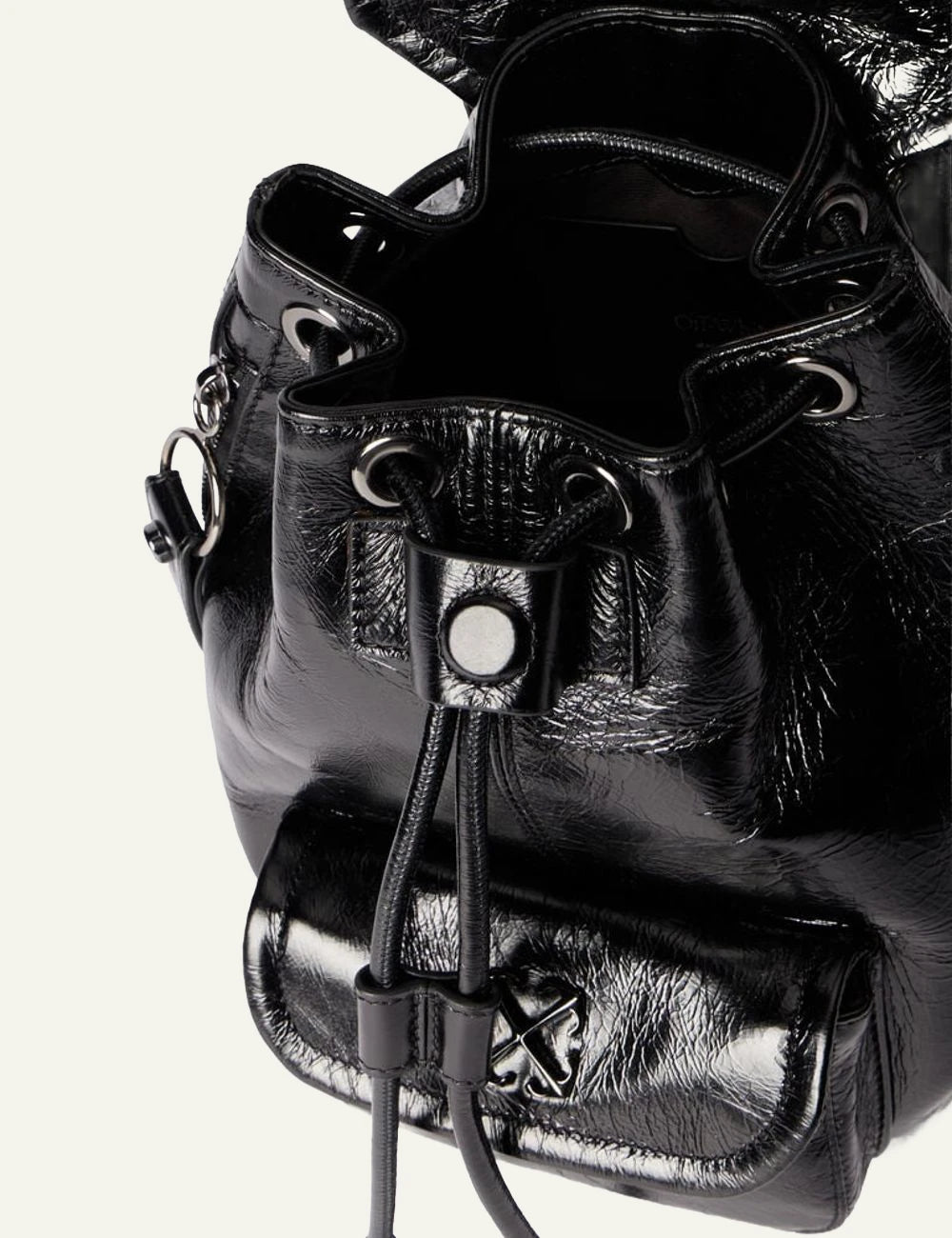 Off-White leather backpack black glossy chain strap flap logo top view