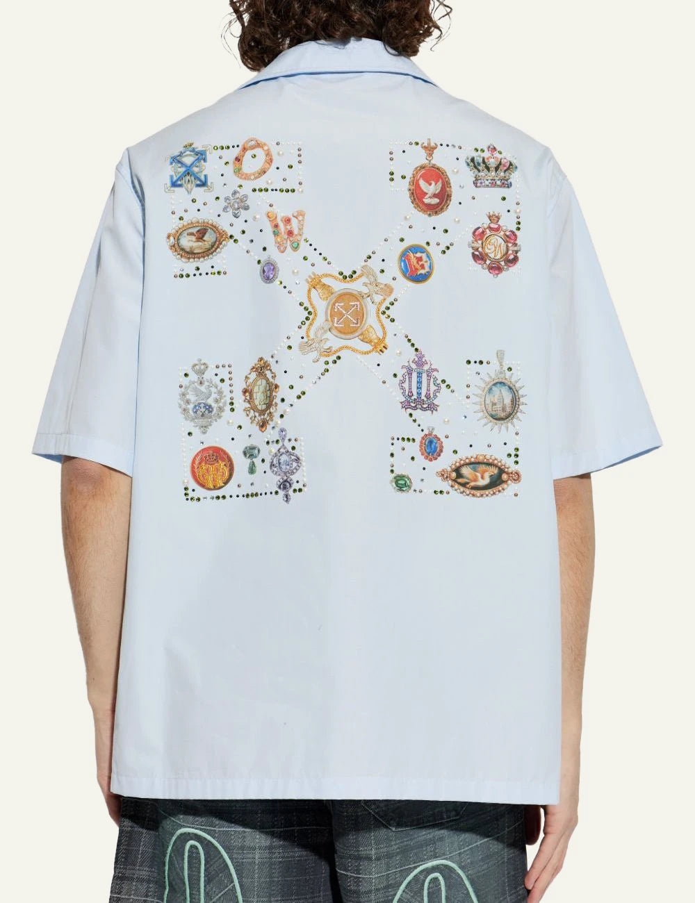 off white shirt light blue camp collar short sleeve logo chest back view