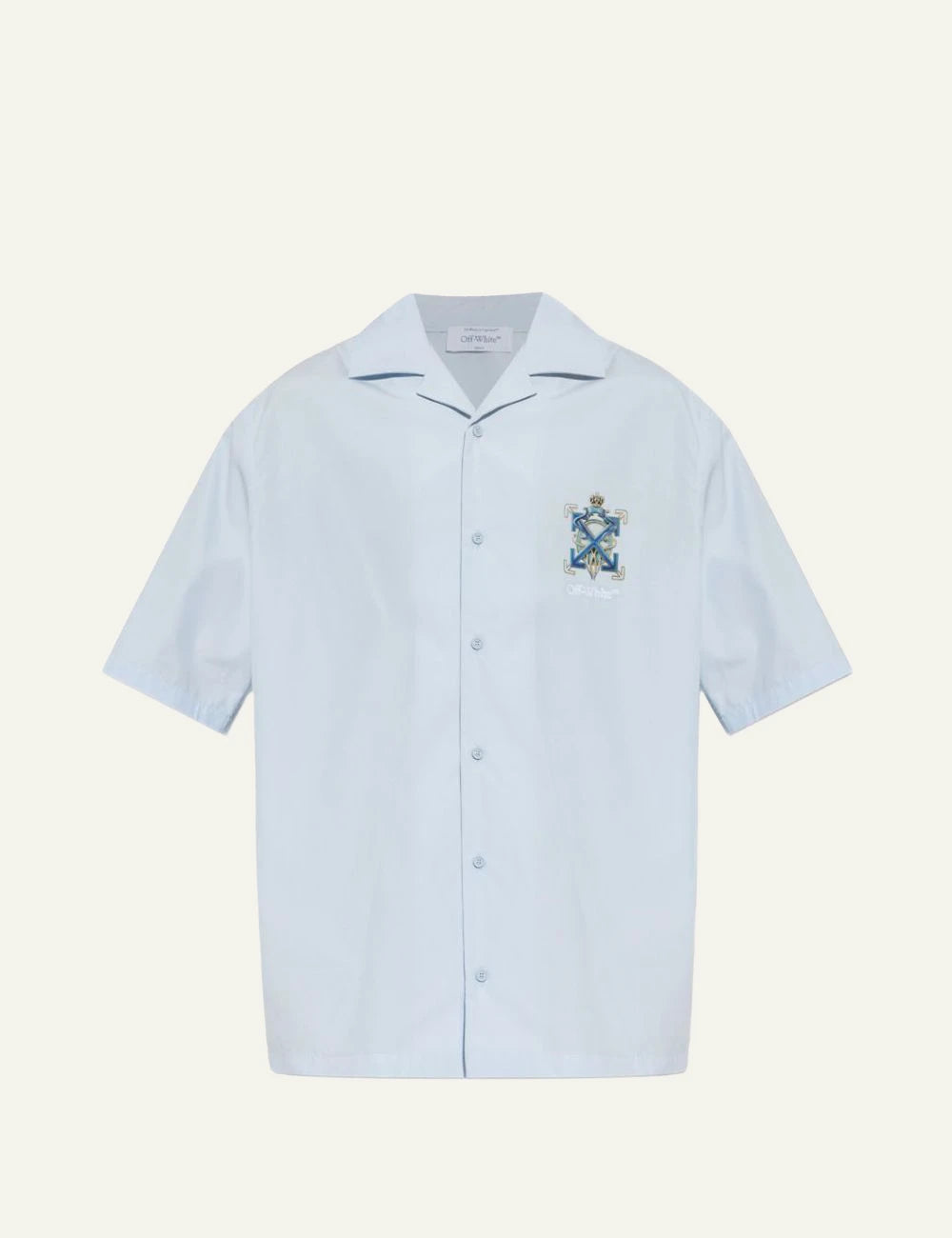 off white shirt light blue camp collar short sleeve logo chest front flat view